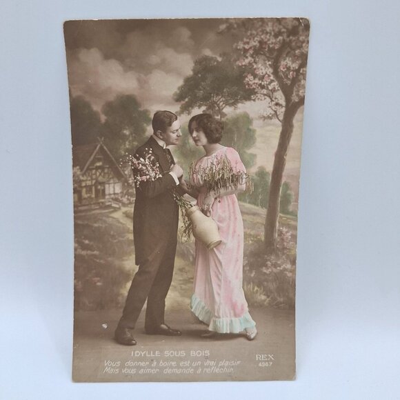 Idylle Sous Bois Antique Postcard Lover Scene French Writing Sentimental Wedding - Picture 1 of 9